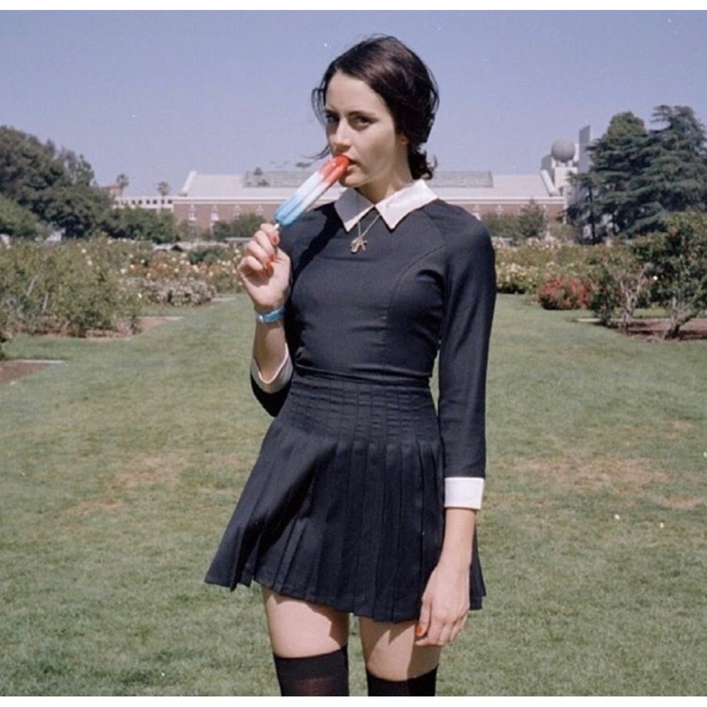 L'ecole des Femmes Belle Du Jour Pleated Mini Dress M Black NEW Peter Pan Collar